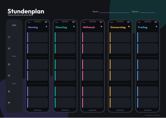 Stundenplan Dark Mode zum Ausdrucken – Vorschau der kostenlosen PDF-Vorlage