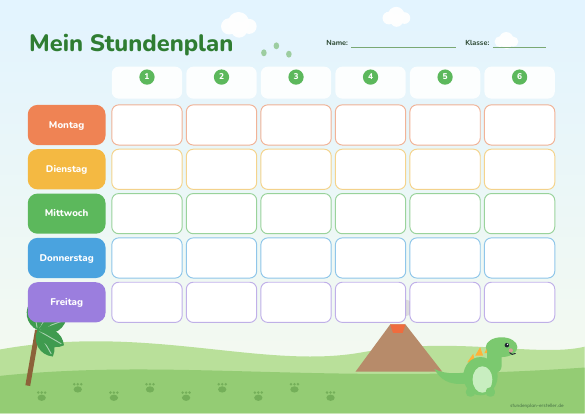 Stundenplan Dino zum Ausdrucken – Vorschau der kostenlosen PDF-Vorlage