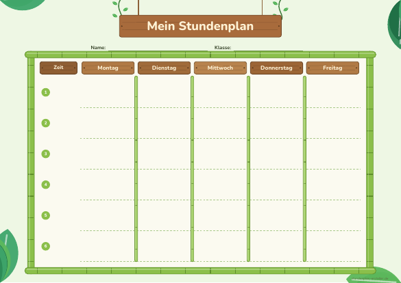 Stundenplan Dschungel zum Ausdrucken – Vorschau der kostenlosen PDF-Vorlage