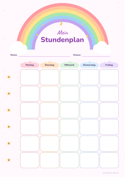 Stundenplan Einhorn & Regenbogen zum Ausdrucken – Vorschau der kostenlosen PDF-Vorlage