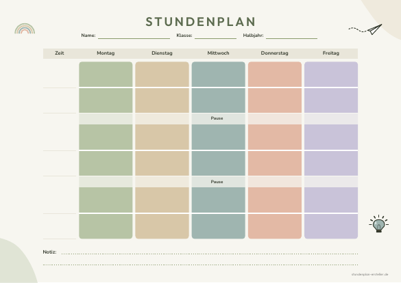 Stundenplan Farbbalken Salbei zum Ausdrucken – Vorschau der kostenlosen PDF-Vorlage