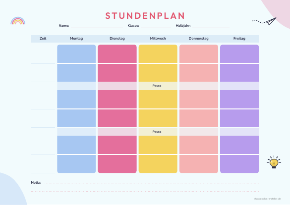 Stundenplan Farbbalken Sorbet zum Ausdrucken – Vorschau der kostenlosen PDF-Vorlage