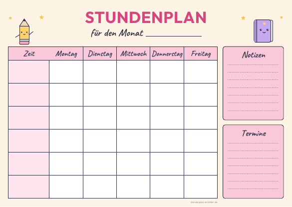 Stundenplan Kawaii Rosa zum Ausdrucken – Vorschau der kostenlosen PDF-Vorlage