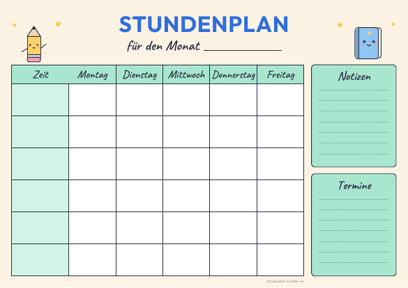 Stundenplan Kawaii zum Ausdrucken – Vorschau der kostenlosen PDF-Vorlage