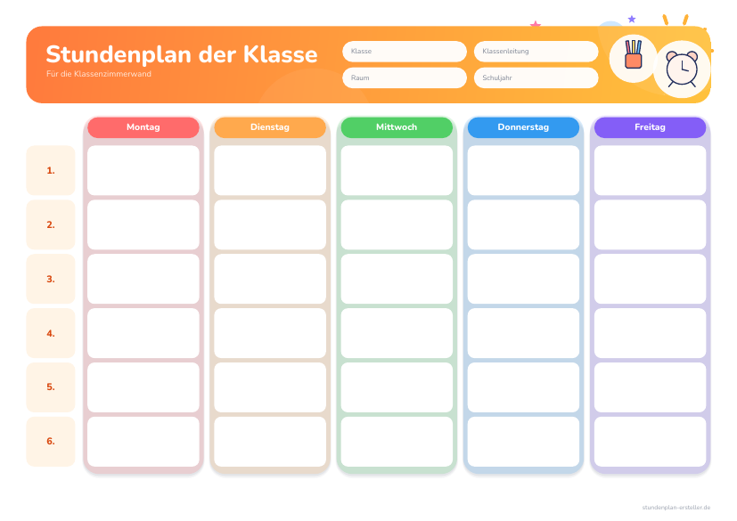 Klassenraum-Stundenplan A3 zum Ausdrucken – Vorschau der kostenlosen PDF-Vorlage