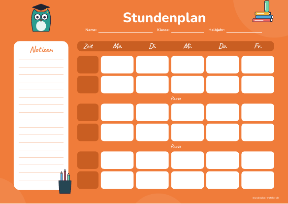 Stundenplan Notizspalte Eule zum Ausdrucken – Vorschau der kostenlosen PDF-Vorlage