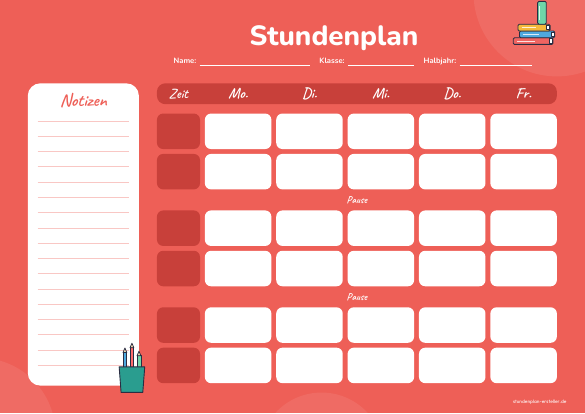 Stundenplan Notizspalte Rot zum Ausdrucken – Vorschau der kostenlosen PDF-Vorlage