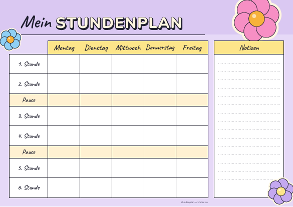 Stundenplan Retro Blumen zum Ausdrucken – Vorschau der kostenlosen PDF-Vorlage