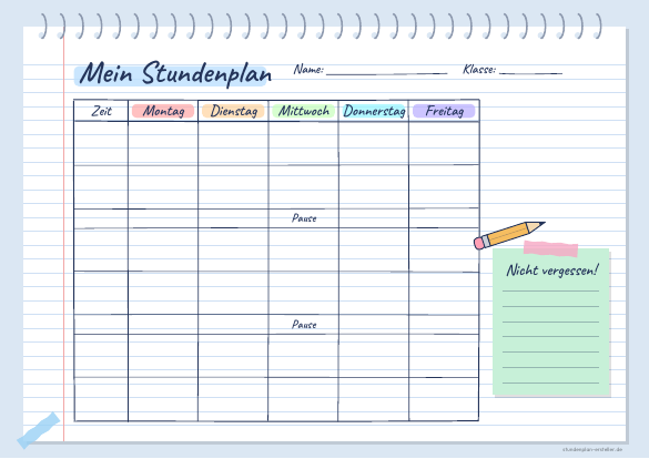 Stundenplan Spiralblock Blau zum Ausdrucken – Vorschau der kostenlosen PDF-Vorlage