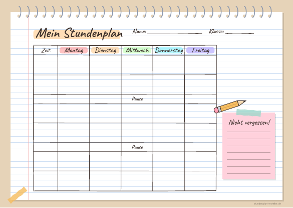 Stundenplan Spiralblock Kraftpapier zum Ausdrucken – Vorschau der kostenlosen PDF-Vorlage