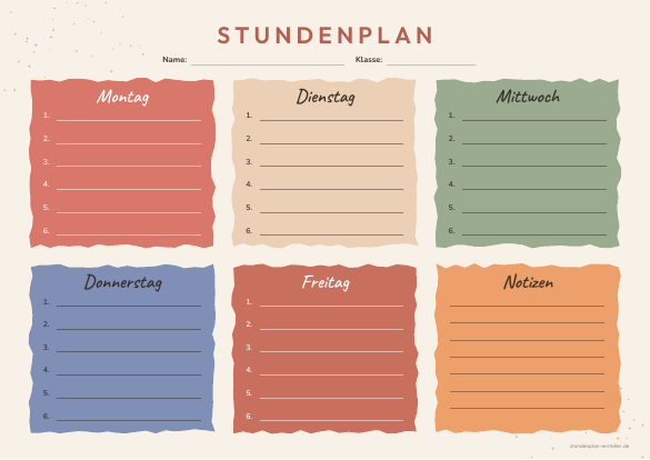 Stundenplan Tageskarten Erdtöne zum Ausdrucken – Vorschau der kostenlosen PDF-Vorlage