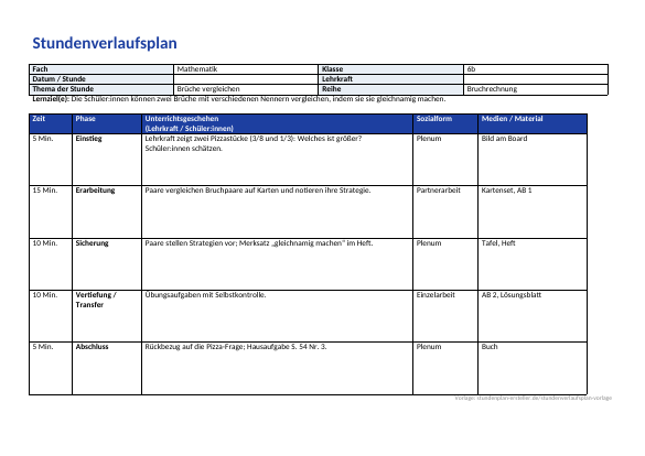 Stundenverlaufsplan Beispiel (Word) zum Ausdrucken – Vorschau der kostenlosen Word-Vorlage
