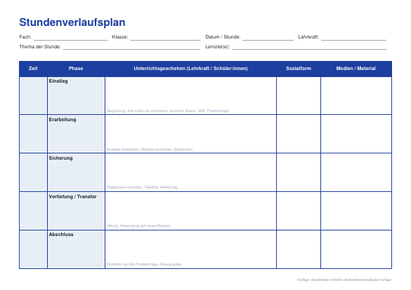 Stundenverlaufsplan Vorlage (Word) zum Ausdrucken – Vorschau der kostenlosen Word-Vorlage
