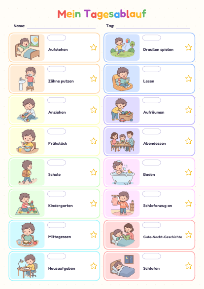 Tagesablauf Kinder mit Bildern zum Ausdrucken – Vorschau der kostenlosen PDF-Vorlage