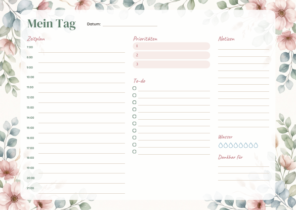 Tagesplan Aquarell zum Ausdrucken – Vorschau der kostenlosen PDF-Vorlage