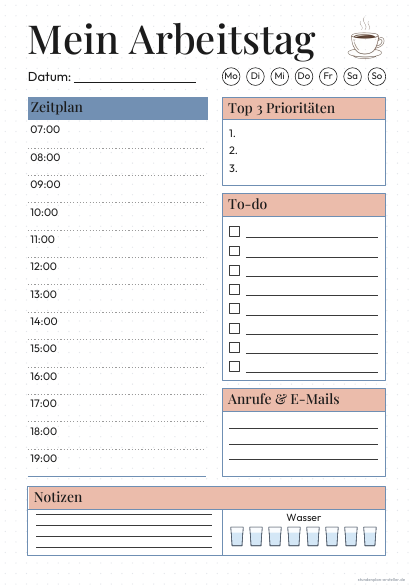 Tagesplaner Arbeit zum Ausdrucken – Vorschau der kostenlosen PDF-Vorlage