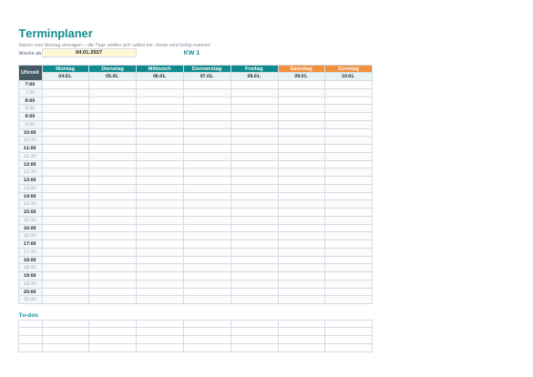 Terminplaner Vorlage (Excel) zum Ausdrucken – Vorschau der kostenlosen Excel-Vorlage