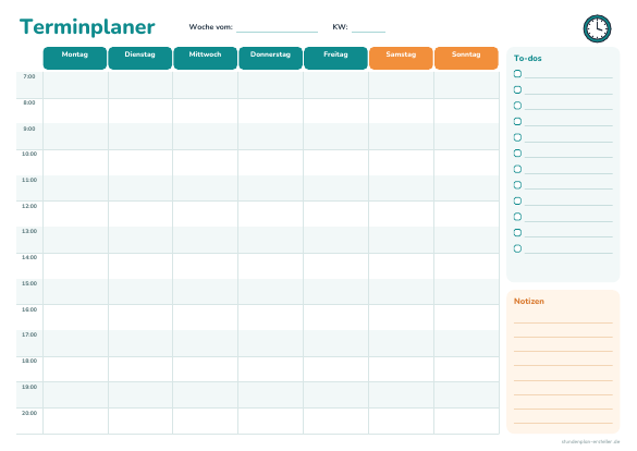 Terminplaner Woche zum Ausdrucken – Vorschau der kostenlosen PDF-Vorlage