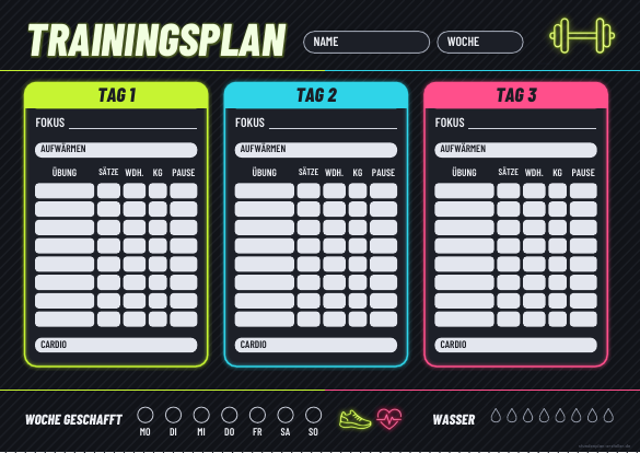 Trainingsplan Neon zum Ausdrucken – Vorschau der kostenlosen PDF-Vorlage