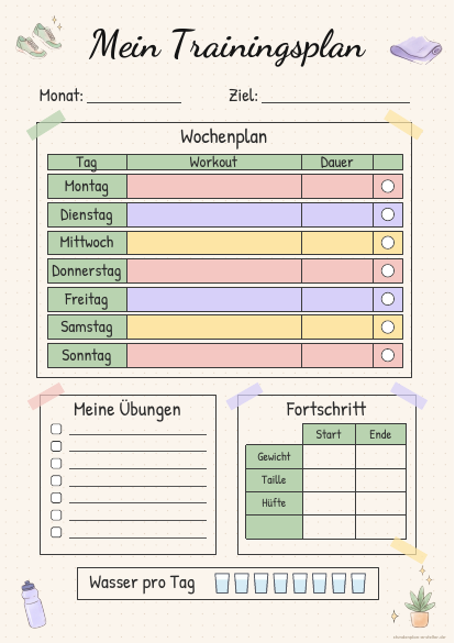 Trainingsplan Pastell zum Ausdrucken – Vorschau der kostenlosen PDF-Vorlage