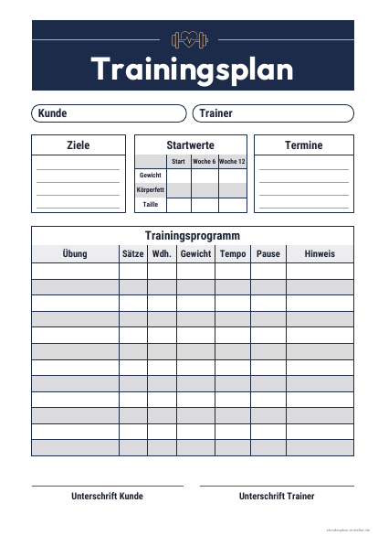 Trainingsplan für Kunden zum Ausdrucken – Vorschau der kostenlosen PDF-Vorlage