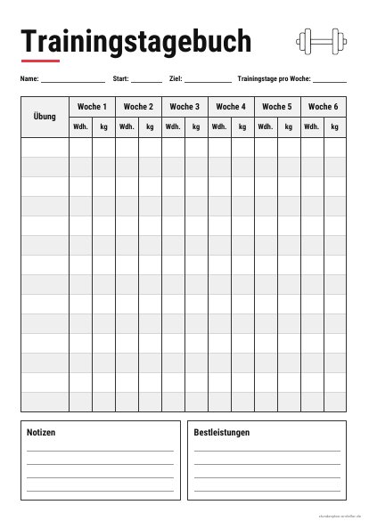 Trainingstagebuch zum Ausdrucken – Vorschau der kostenlosen PDF-Vorlage