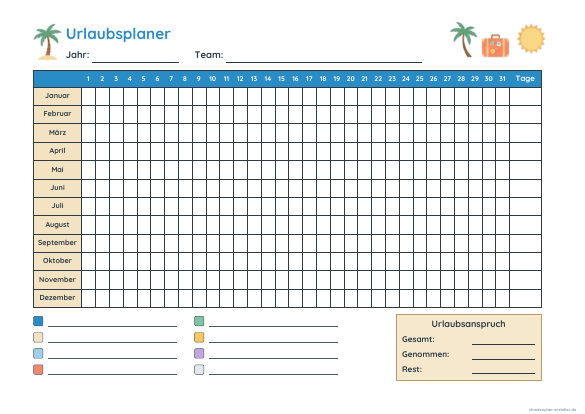 Urlaubsplaner zum Ausdrucken – Vorschau der kostenlosen PDF-Vorlage