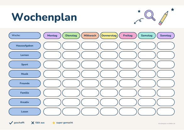 Wochenplan für Kinder zum Ausdrucken – Vorschau der kostenlosen PDF-Vorlage