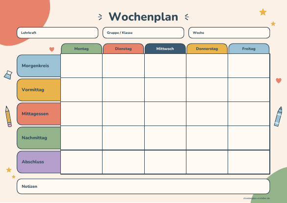 Wochenplan Kita & Grundschule zum Ausdrucken – Vorschau der kostenlosen PDF-Vorlage