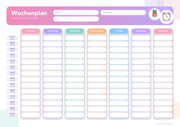 Wochenplan mit Uhrzeit pastell zum Ausdrucken – Vorschau der kostenlosen PDF-Vorlage