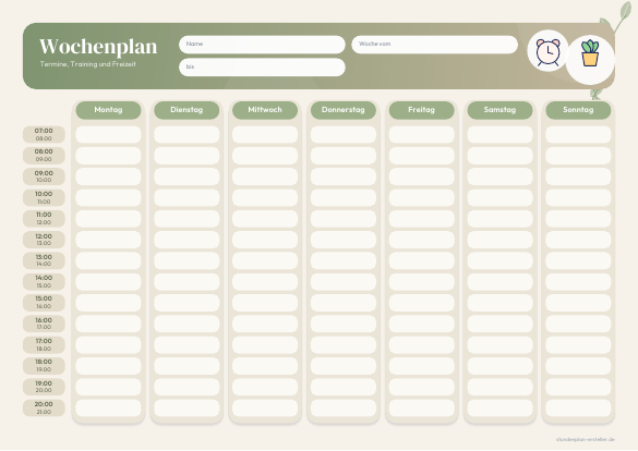 Wochenplan mit Uhrzeit Salbei zum Ausdrucken – Vorschau der kostenlosen PDF-Vorlage