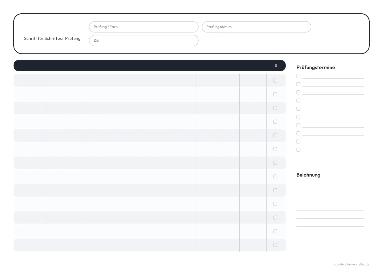 Lernplan-Tabelle mit Prüfungsterminen