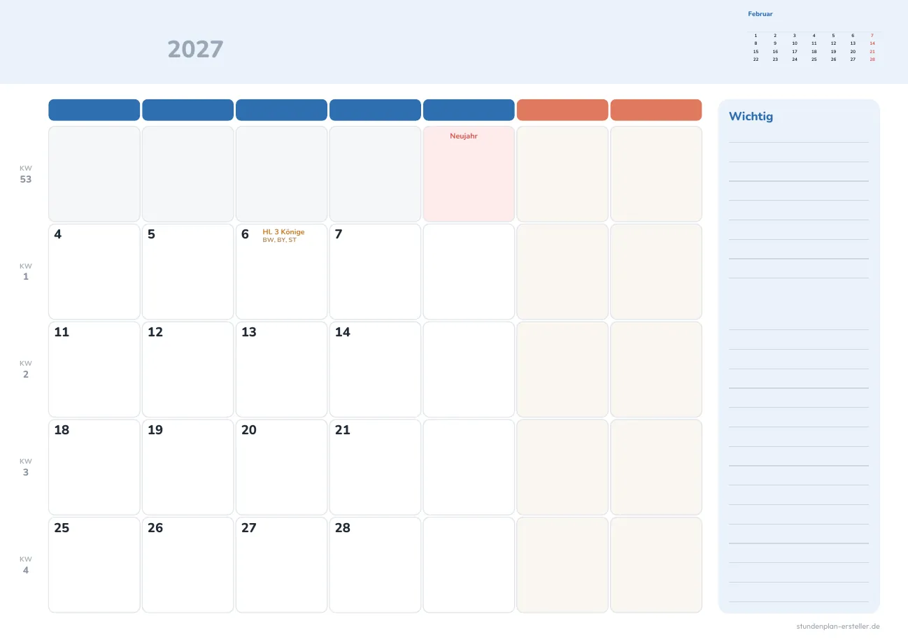 Monatskalender 2027