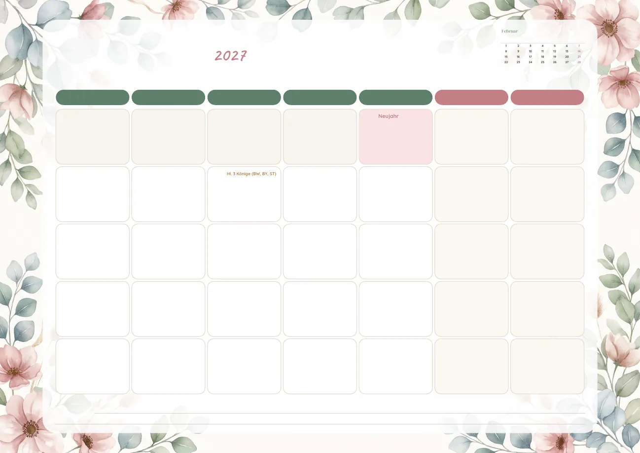 Monatskalender 2027 Aquarell