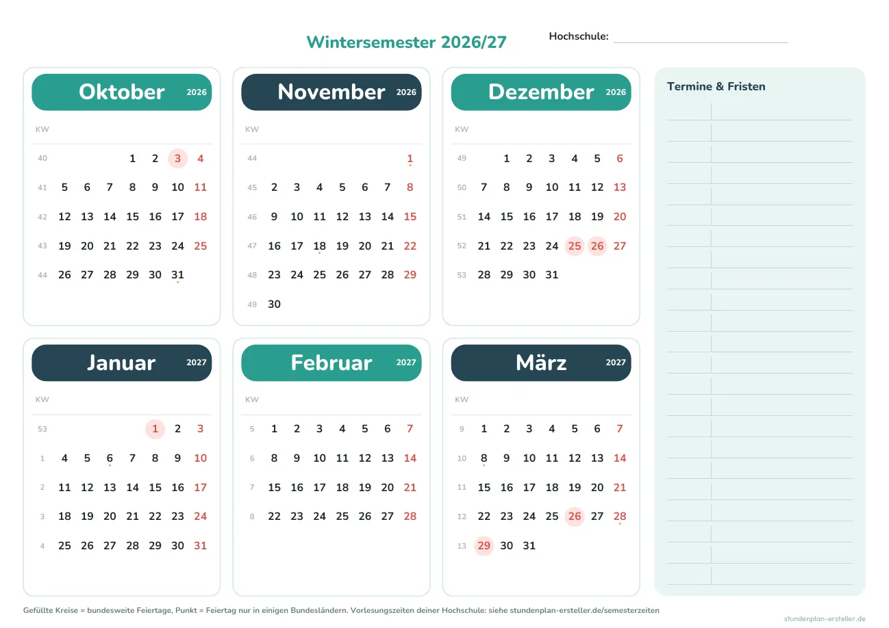 Semesterkalender 2026/27